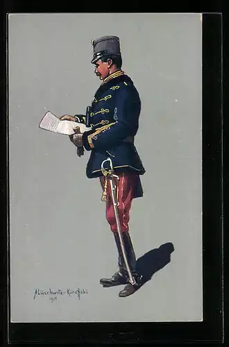 Künstler-AK Husarenstabsoffizier in Felduniform beim Lesen eines Briefes