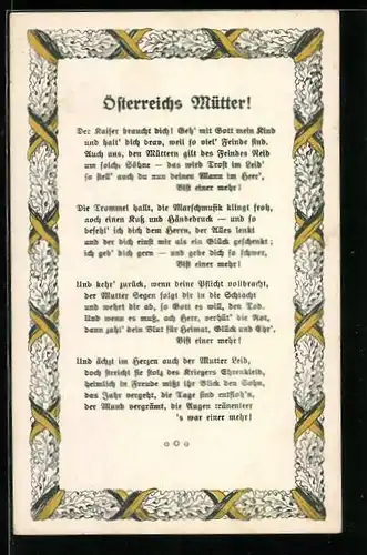 Künstler-AK Gedicht Österreichs Mütter!, Banderole mit Band in schwarz-gelb