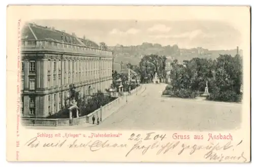 Relief-AK Ansbach, Schloss mit Krieger und Platendenkmal