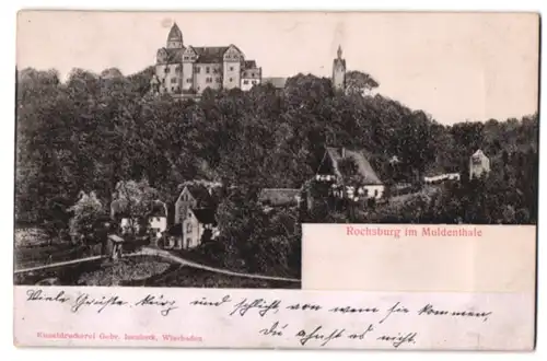 Relief-AK Rochsburg im Muldenthale, Teilansicht mit Burg