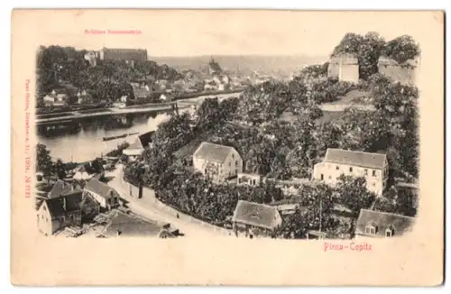 Relief-AK Pirna-Copitz, Teilansicht mit Schloss Sonnenstein