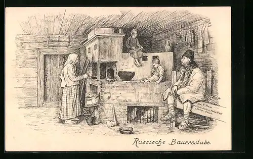 Künstler-AK Russische Bauernfamilie am warmen Ofen in der Stube