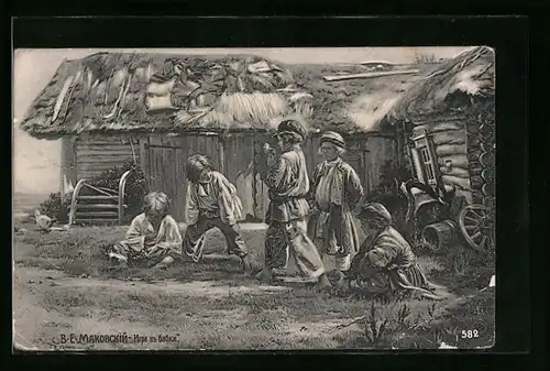 Künstler-AK Russische Jungen beim Spiel im Hof