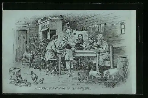 Künstler-AK Russische Familie beim Schmausen am grossen Tisch in der Stube