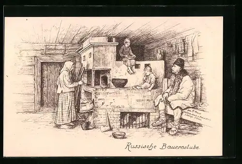 AK Russisches Ehepaar mit Kindern am Ofen in der Stube