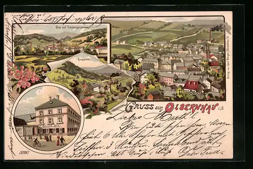Lithographie Olbernhau i. S., Ortsansicht mit Hotel Gerichtsschänke