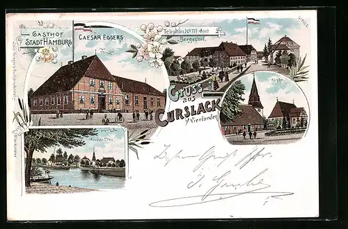 Lithographie Curslack i. Vierlanden, Gasthof Stadt Hamburg, Kirche