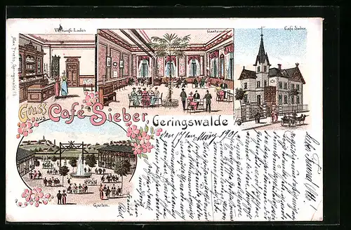 Lithographie Geringswalde, Café Sieber mit Garten