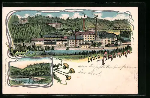 Lithographie Amerika, Totalansicht mit Brücke