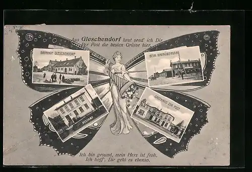 AK Gleschendorf, Fliegende Menschen Schmetterling mit Bahnhof und Gasthaus zur Post