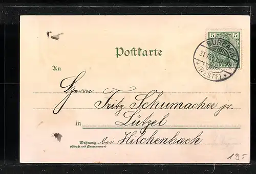 Lithographie Burbach i. W., Totalansicht mit Hotel Diltey, Bahnhofstrasse, Jägerstrasse