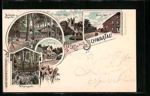 Lithographie Schwartau, Waldhalle, Bahnhof, Geertz Hotel, Wilhelmsquelle