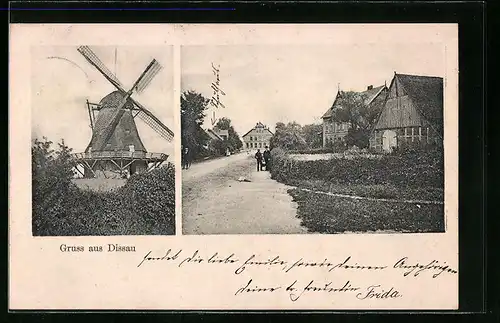 AK Dissau, Ortsansicht mit Mühle