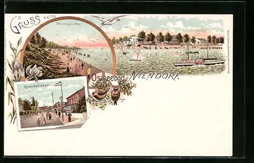 Lithographie Niendorf, Strandpartie und Strandstrasse