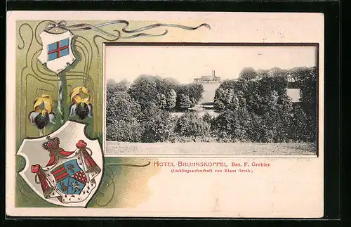Passepartout-Lithographie Bruhnskoppel, Hotel Bruhnskoppel mit Wappen
