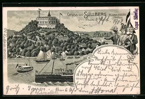 Lithographie Blankenese b. Hamburg, Süllberg mit Dampfer Deutschland