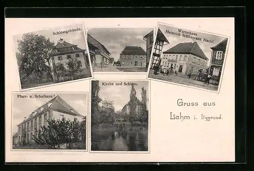 AK Lahm /Itzgrund, Warenhaus Schönmann Nachf., Schloss, Pfarr- und Schulhaus
