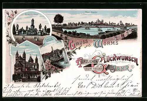 Lithographie Worms, Totalansicht, Lutherdenkmal, Dom