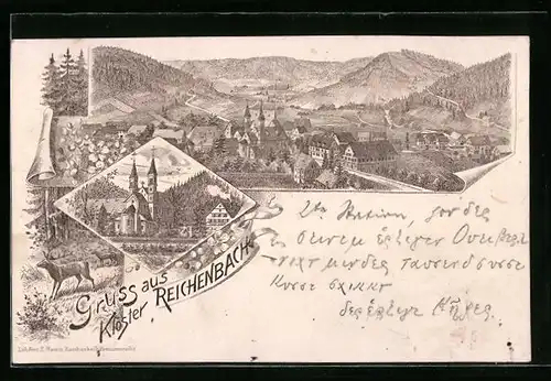 Lithographie Reichenbach, Gesamtansicht, Kirche, Hirsche im Wald