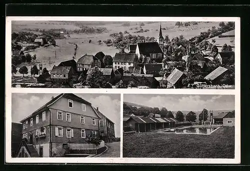 AK Güttersbach /Odenw, Ortsansicht aus der Vogelschau, Gasthaus zum goldenen Lamm mit Schwimmbad