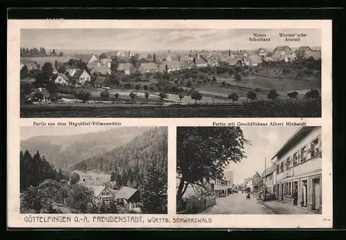 AK Göttelfingen /Kr. Freudenstadt, Panorama mit Schule und Wernerscher Anstalt, Strassenpartie mit Geschäftshaus Minhard