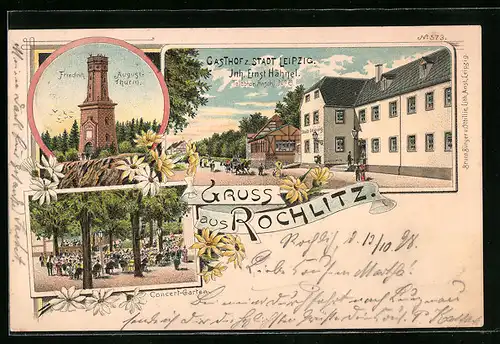 Lithographie Rochlitz, Gasthof zur Stadt Leipzig, Concert-Garten