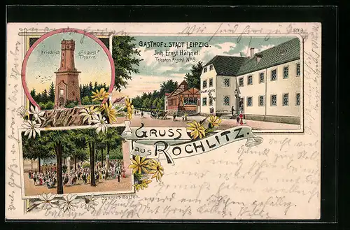 Lithographie Rochlitz, Gasthof zur Stadt Leipzig, Friedrich-August-Thurm