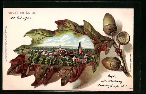 Passepartout-Lithographie Eutin, Teilansicht im Eichenblatt
