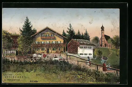 Künstler-AK Ettendorf bei Traunstein, Gasthof-Cafe Ettendorf, Gartenansicht mit Kirche