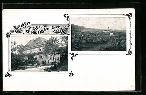 AK Olsbach bei Offenburg, Ortsansicht aus der Ferne, Grosses Haus mit Brücke