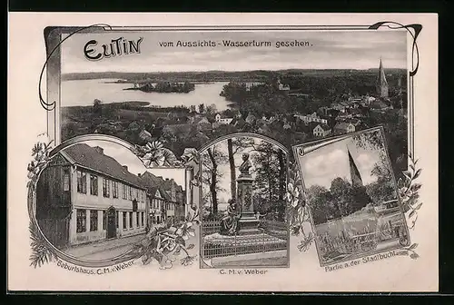 AK Eutin, Ortsansicht vom Wasserturm aus, Geburtshaus und Denkmal C. M. von Weber, Festpostkarte Sängerfest 1910
