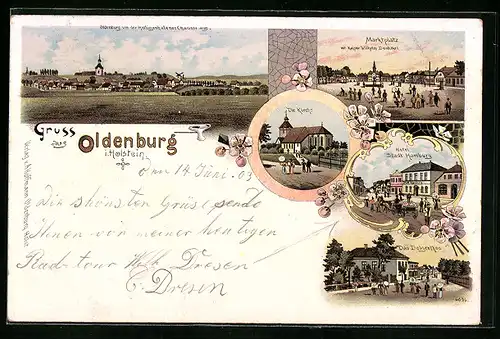 Lithographie Oldenburg i. H., Panorama, Markt, Hotel Stadt Hamburg, Kirche