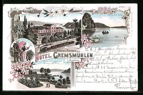 Lithographie Gremsmühlen, Hotel Gremsmühlen mit Eisenbahnzug, Partien Holm und Diecksee