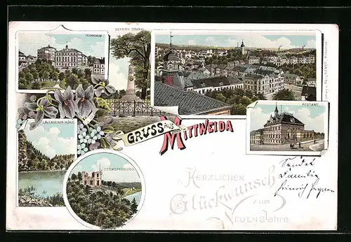 Lithographie Mittweida, Teilansicht, Technikum, Zschopauburg