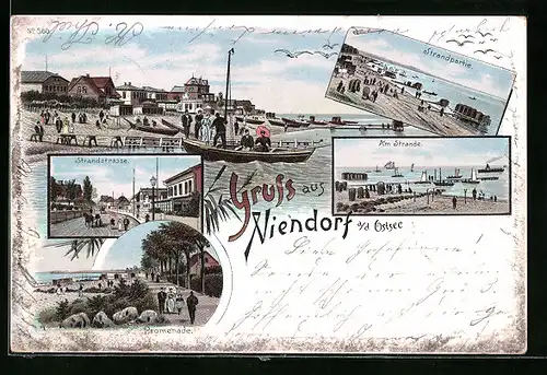 Lithographie Niendorf /Ostsee, Strandpartie, Strandstrasse, Promenade