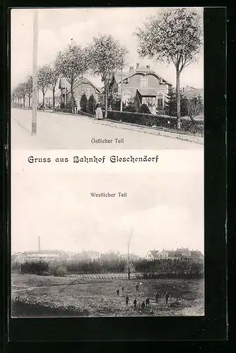 AK Gleschendorf, Strassenpartie in Bahnhofsnähe, Ortspanorama
