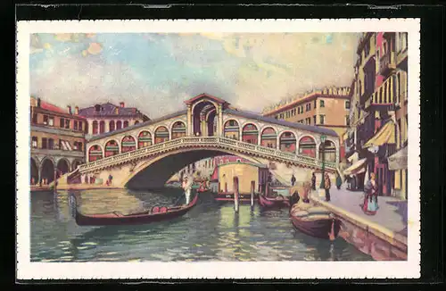 Künstler-AK Venezia, Ponte di Rialto mit Gondel