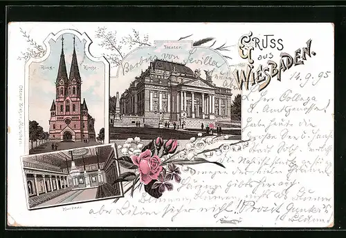 Vorläufer-Lithographie Wiesbaden, Ring-Kirche, Theater, Kursaal, 1895