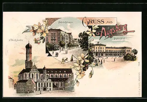 Lithographie Augsburg, Bahnhofstrasse, St. Ulrichskirche, Bahnhof