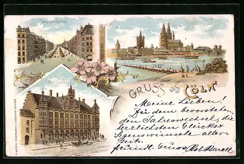 Lithographie Cöln, Hohenstaufenring, Reichsbank, Pontonbrücke über den Rhein