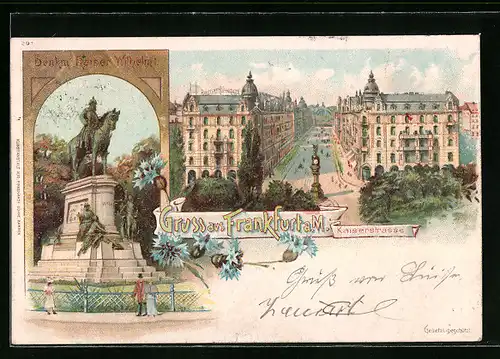 Lithographie Frankfurt a. M., Denkmal Kaiser Wilhelm I., Kaiserstrasse