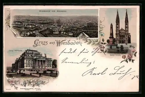 Lithographie Wiesbaden, Totalansicht vom Neroberg, Königl. Hoftheater, Kathol. Kirche