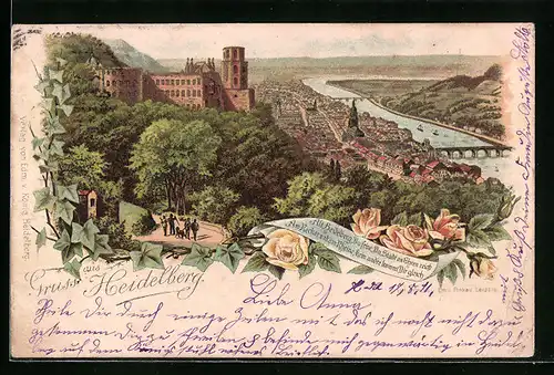 Vorläufer-Lithographie Heidelberg, Gesamtansicht mit Burg, 1891