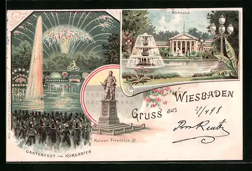 Lithographie Wiesbaden, Gartenfest im Kurgarten, Kaiser Friedrich III. Denkmal