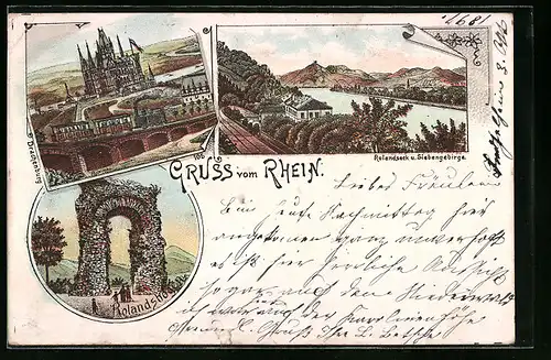 Lithographie Rolandseck, Rolandsbogen, Drachenburg, Siebengebirge