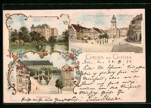 Lithographie Gotha, Oberer Hauptmarkt mit Rathhaus, Schlossberg