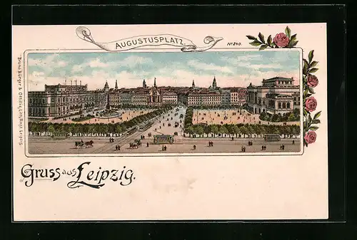 Lithographie Leipzig, Augustusplatz mit Strassenbahnen