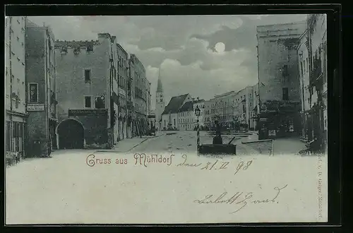 Mondschein-AK Mühldorf, Strassenpartie mit Kirche