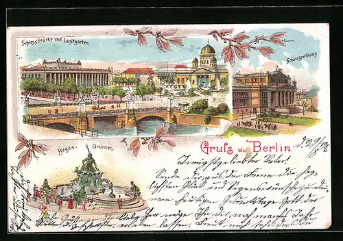 Lithographie Berlin, Schlossbrücke und Lustgarten, Schauspielhaus, Begas-Brunnen