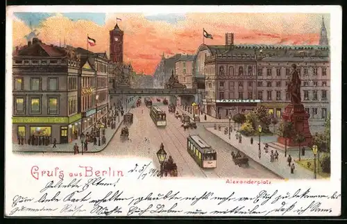 Lithographie Berlin, Alexanderplatz mit Strassenbahnen